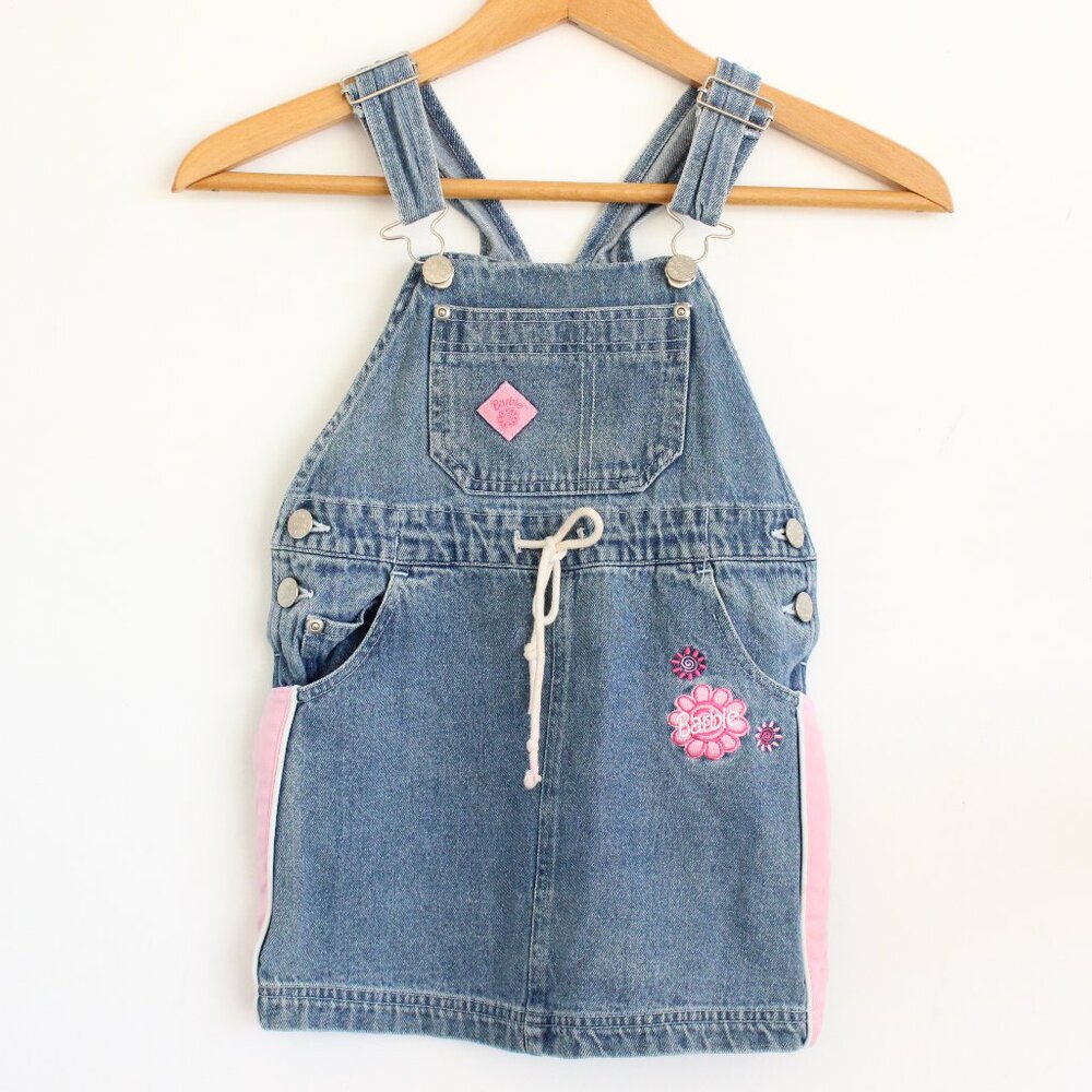 Vtg 1999 Mattel Barbie Denim Overall Dress Blue Pink 100% Cotton Y2K Size 4T